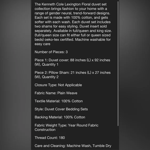 50%OFF‼️Kenneth Cole NY Lexington Floral Luxury Bedding 3pc duvet set Full QUEEN - Picture 8 of 15